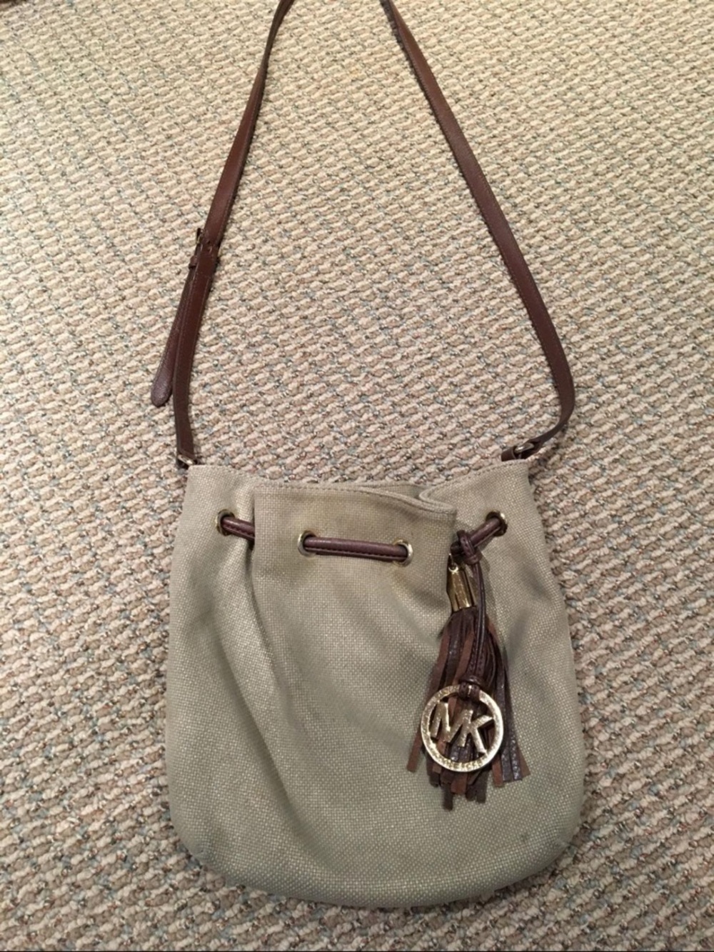 Michael Kors Olive Canvas Drawstring Crossbody with Brown Trim and Tassel